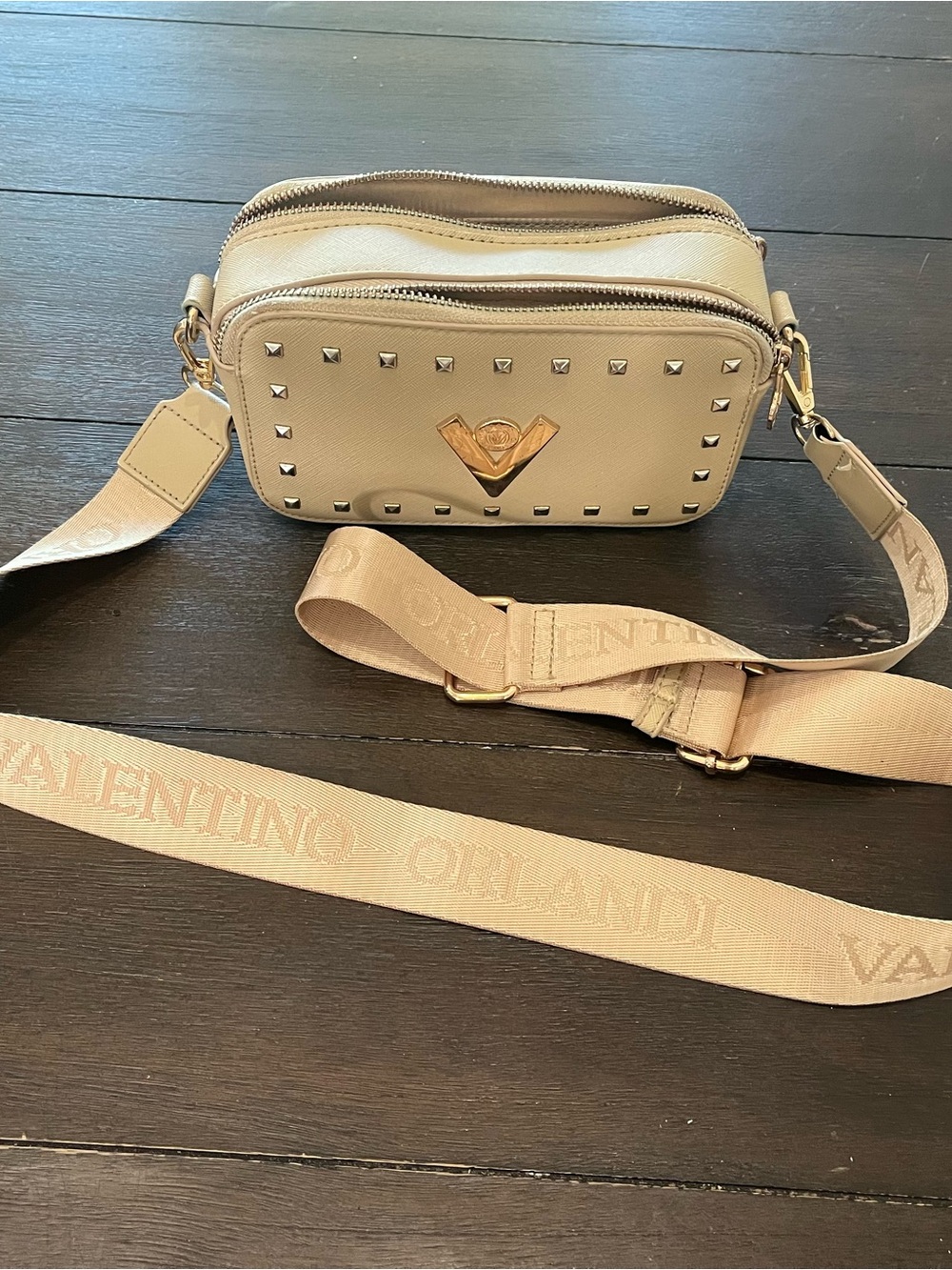 Valentino Garavani Light Beige Studded Crossbody Bag with Branded Strap